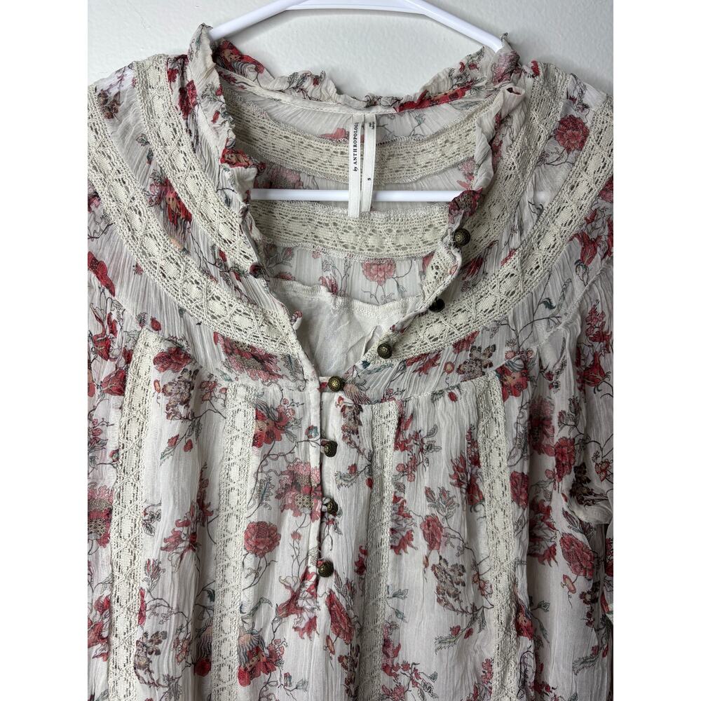 Anthropologie Boho Blouse tiny‎ floral crinkle chiffon lace trim poet sleeve S - Picture 10 of 14
